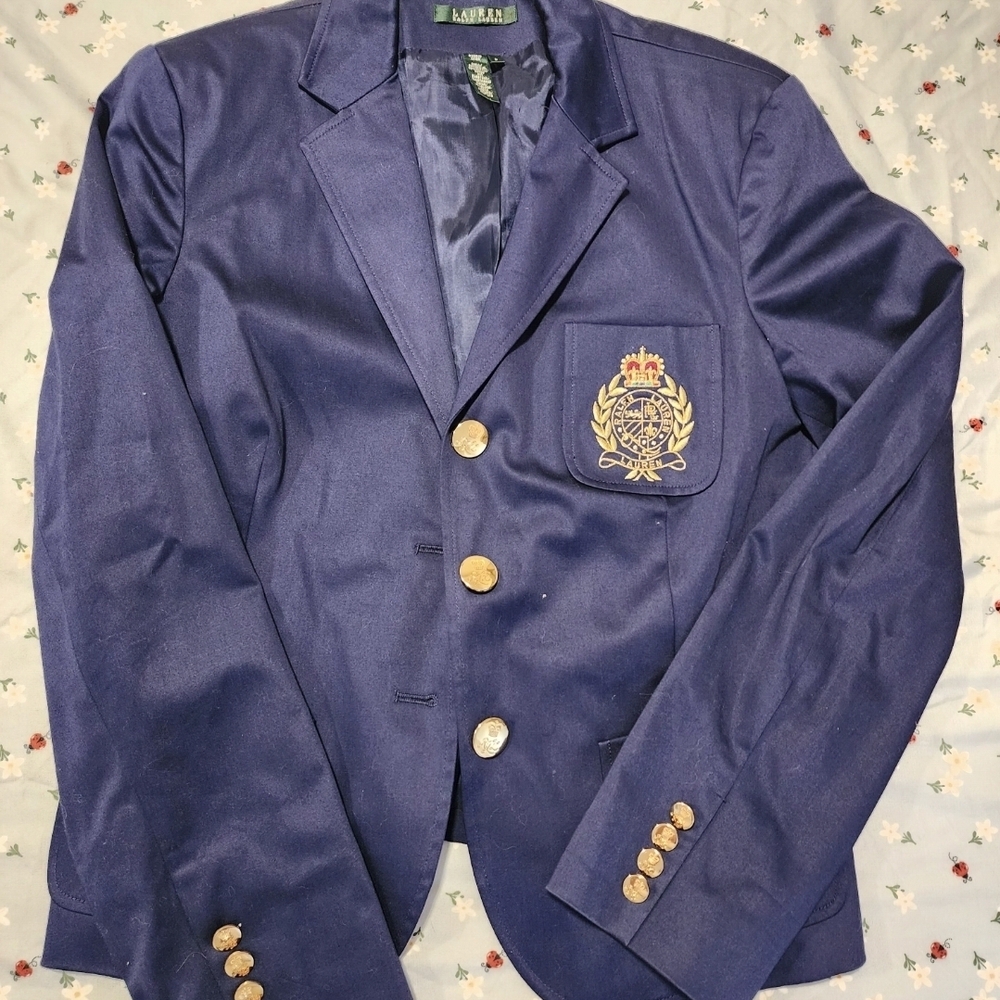 Ralph Lauren Navy Blue Embroidered Crest Blazer